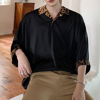 3/4-sleeve Leopard Print Panel Top