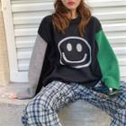 Smile Face Print Color-block Loose-fit Sweater