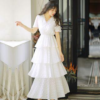 Lace Ruffled Short-sleeve Layered Dress