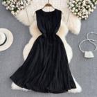 Round Neck Pleated Tank Dress Black - One Size