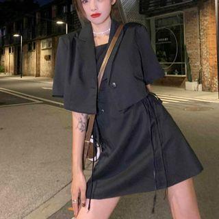 Short-sleeve Cropped Blazer / Spaghetti-strap Mini A-line Dress