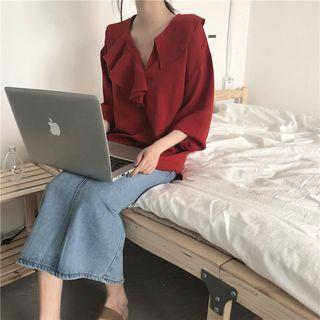 3/4-sleeve Ruffle Chiffon Blouse As Shown In Figure - One Size