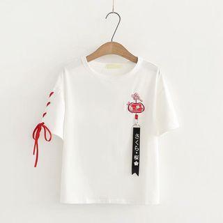 Lace-up Short-sleeve Sakura Embroidered T-shirt White - One Size