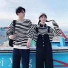 Couple Matching Striped Sweatshirt / Denim Jumper Pants