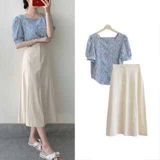 Elbow-sleeve Floral Buttoned Top / A-line Midi Skirt