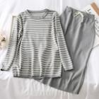 Set: Loose-fit Striped Knit Top + Midi Skirt