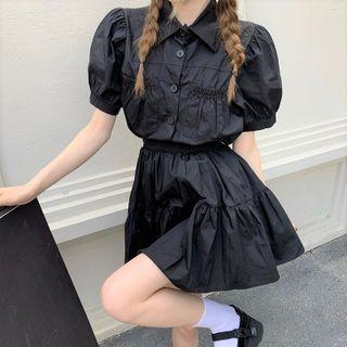 Puff-sleeve Shirt / Mini A-line Skirt