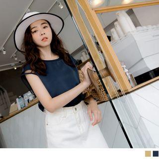 Mesh Panel Slit-side Short-sleeve Satin Top