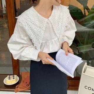 Long-sleeve Lace Collared Plain Blouse