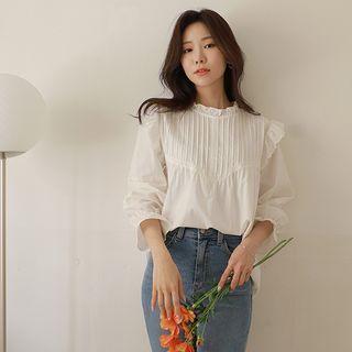 Frill-neck Pintuck Lace-trim Blouse