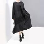 Lace Panel Long-sleeve Midi Shift Dress Black - One Size