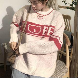 Bear Print Lettering Sweater Red & White - One Size