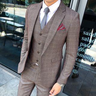 Suit Set: Check Blazer + Vest + Dress Pants