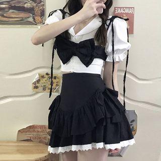 Short-sleeve Blouse / Two Tone A-line Skirt