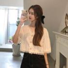 Elbow-sleeve Lace Cropped Blouse White - One Size