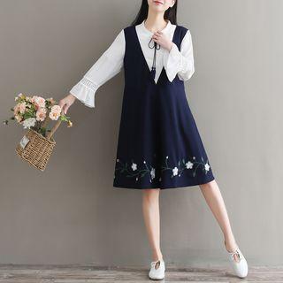 Mock Two-piece Long-sleeve Embroidered Dress
