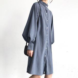 Lantern-sleeve Stand Collar Shirtdress
