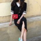 Elbow-sleeve Buttoned Knit Dress Black - One Size