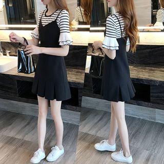 Set: Short-sleeve Striped Top + Spaghetti Strap Mini Dress