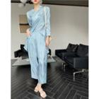 Long-sleeve Slit Blouse / Straight Leg Pants