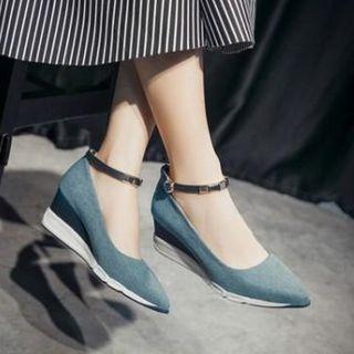 Ankle Strap Pointy Toe Wedge Pumps