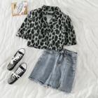 Leopard Print Short-sleeve Cropped Blouse / Slit Denim Mini A-line Skirt