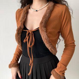 Shearling-collar Cropped Cardigan
