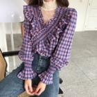Check Ruffle V-neck Long-sleeve Blouse Purple - One Size