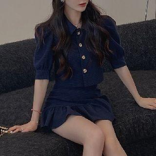 Set: Elbow-sleeve Button-up Blouse + Mini A-line Skirt