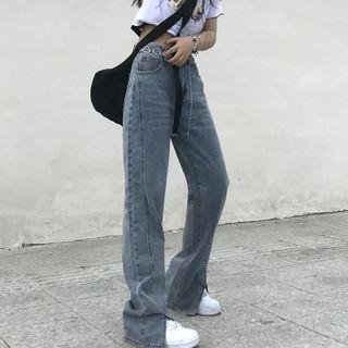 High Waist Front-slit Wide Leg Jeans