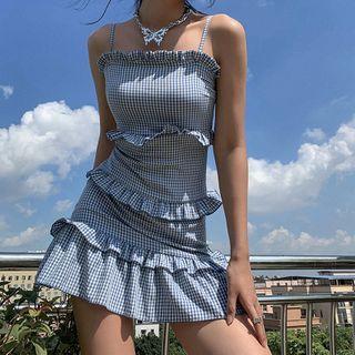 Spaghetti Strap Plaid Frill Trim Mini Sheath Dress