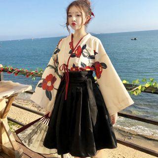 Flower Print Flared-sleeve Blouse / A-line Skirt