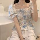 Puff-sleeve Print Peplum Blouse Blue Floral - Beige - One Size