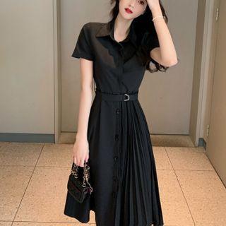 Short-sleeve Belted Midi Shirt Dress