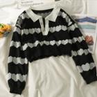 Cropped Heart-print Knit Polo Shirt Black - One Size