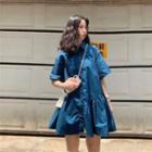 Asymmetric Short-sleeve Shirred Shirtdress Blue - One Size