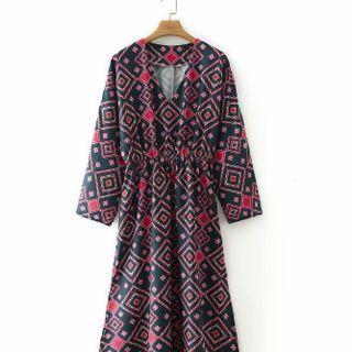 V-neck Patterned Midi A-line Dress