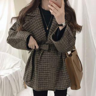 Long-sleeve Gingham Tie-waist Woolen Coat