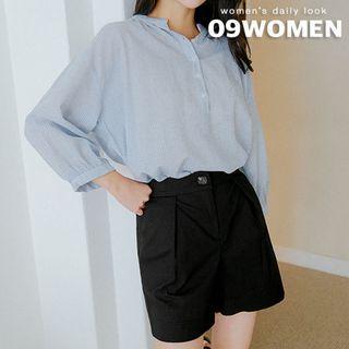 Plus Size Mandarin-collar Stripe Shirt