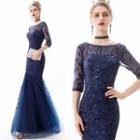 Elbow Sleeve Embroidered Sequined A-line Evening Gown