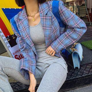 Contrast-trim Cropped Plaid Blazer