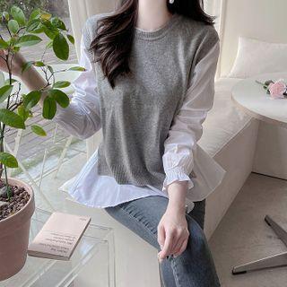 Set: Slit-back Sweater Vest + Ruffle-hem Blouse