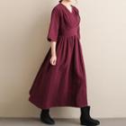 Elbow-sleeve Tie-back Midi A-line Dress Wine Red - One Size