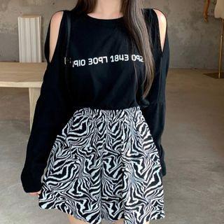 Long-sleeve Cold-shoulder Lettering T-shirt / Shorts