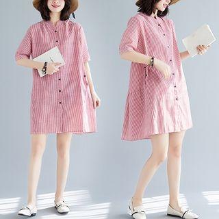 Elbow-sleeve Striped Mini Shirt Dress