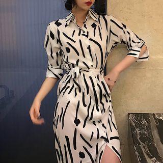 Print 3/4-sleeve Loose-fit Shirt Dress As Figure - One Size