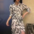 Print 3/4-sleeve Loose-fit Shirt Dress As Figure - One Size