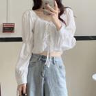 Long-sleeve Tie-front Frill Trim Crop Top / Lace Trim Camisole Top