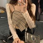 Plaid Cropped Camisole Top / Lace Jacket
