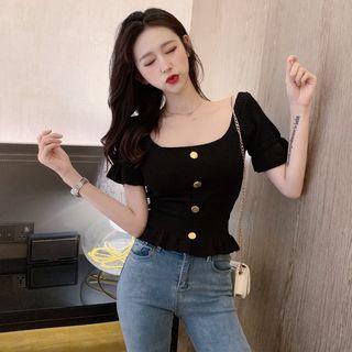 Short-sleeve Ruffle Trim Square Neck Knit Top